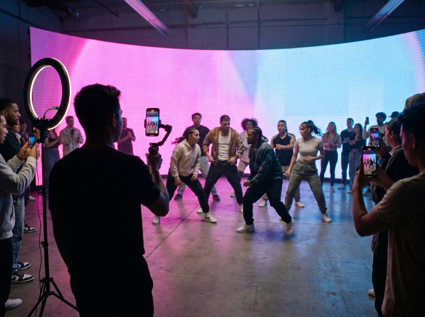 Bailarines filmados para un comercial frente a una pantalla LED