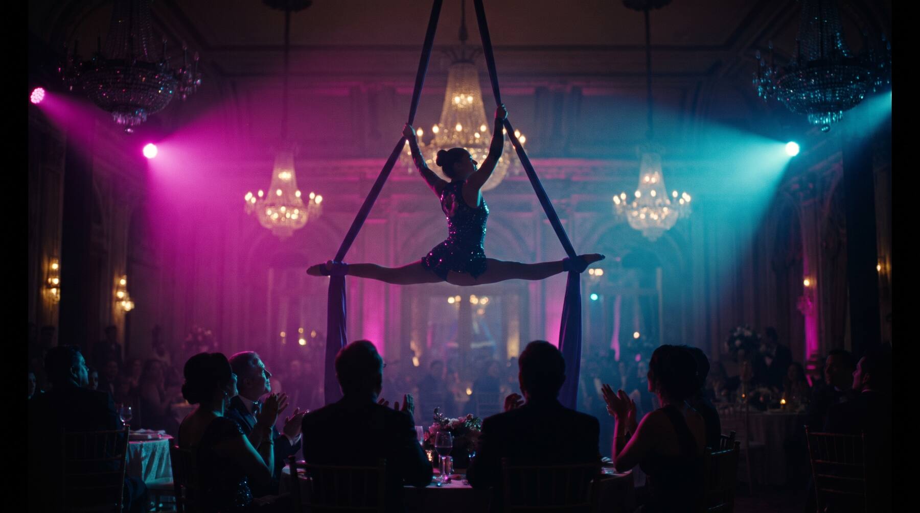 Acróbata aérea en telas sobre un salón de gala con luces magenta y azul