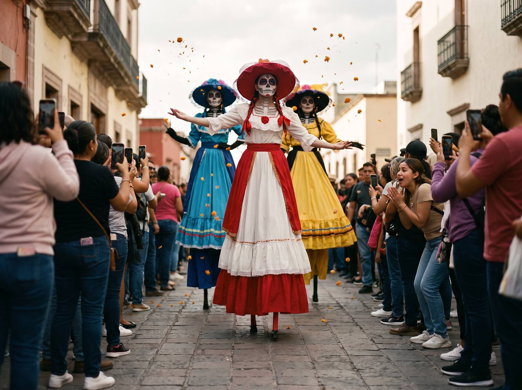 Catrinas en zancos con tocados de cempasúchil