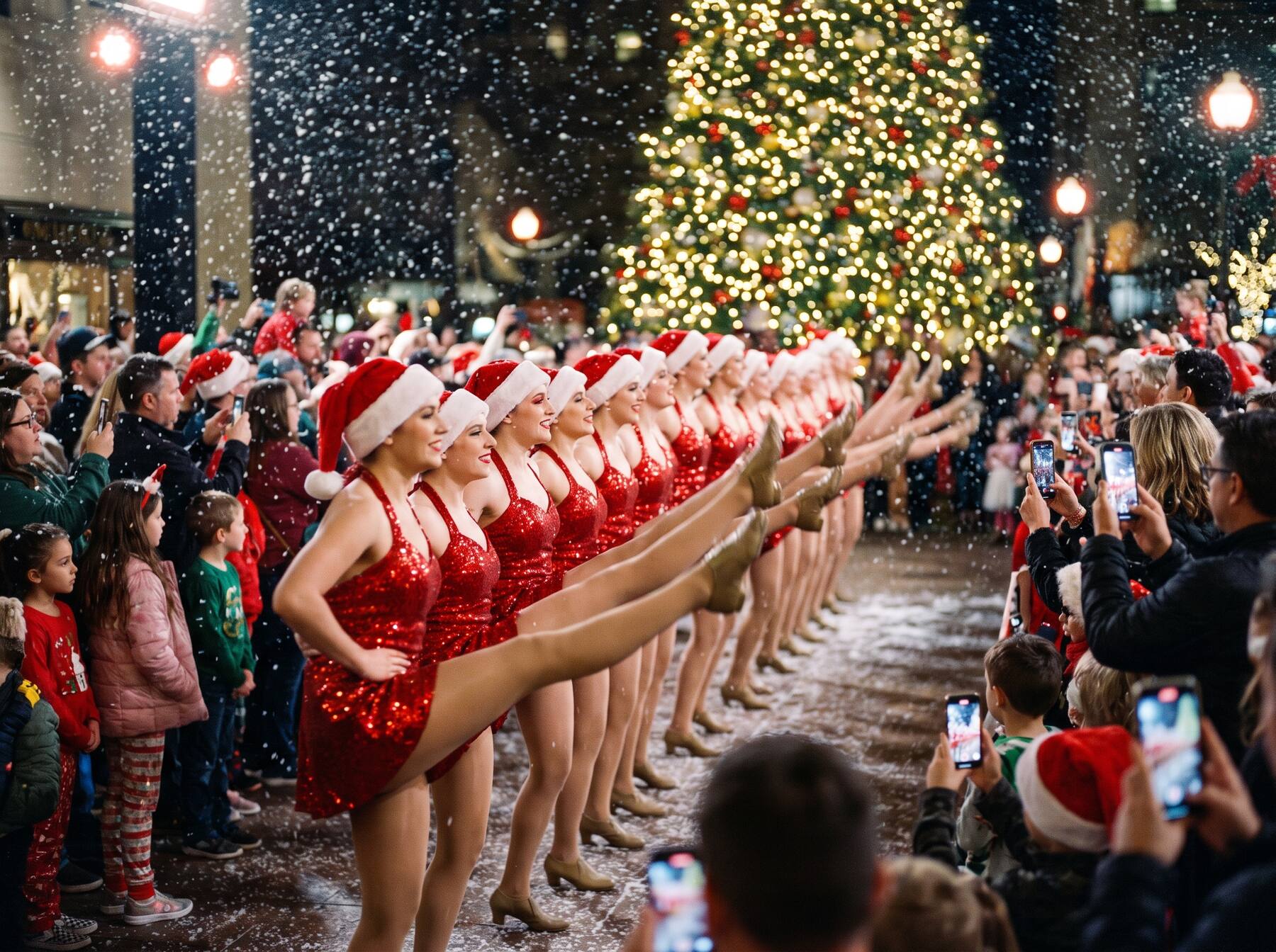 Bailarinas navideñas en un atrio con árbol gigante