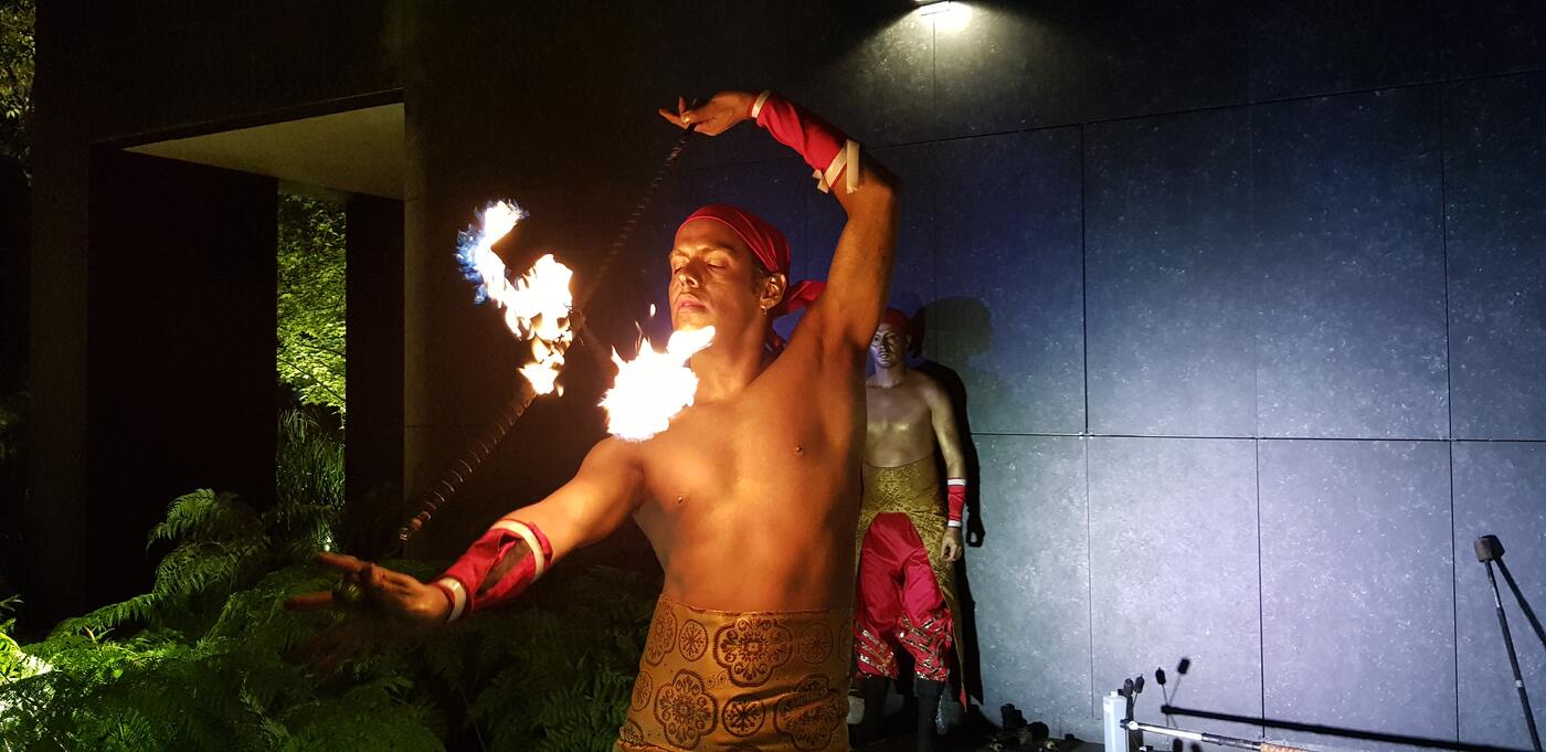 Artista de fuego en un evento nocturno
